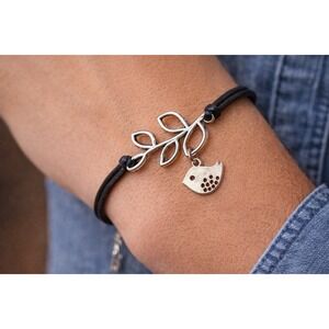Bird Charm Bracelet Genuine Leather Black Cord Silver Leaf Branch Adjustable 7-9